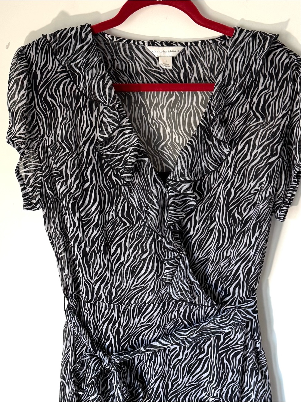 Christopher & Banks Zebra Print Sheer Flutter Sleeve Ruffle Dress sz 16 - Picture 2 of 9